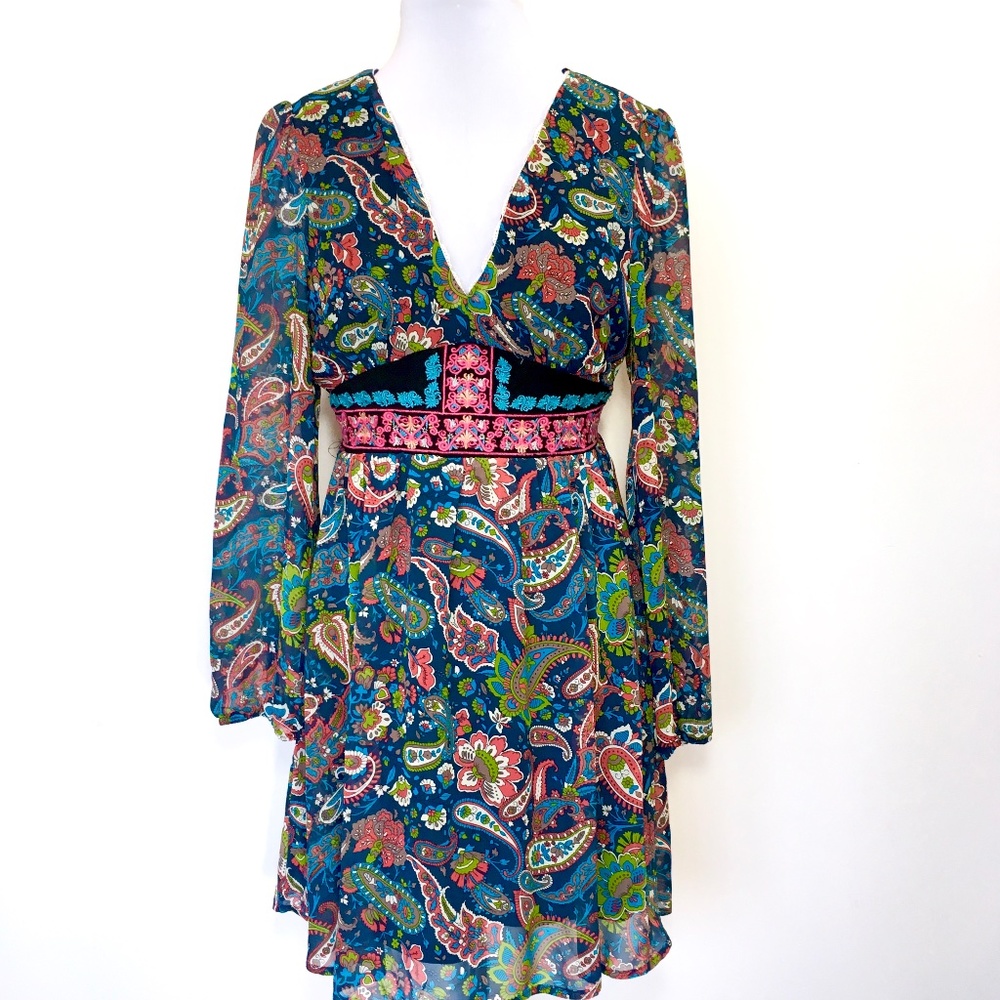 Flying Tomato Sheer Paisley Floral Embroidered Boho Long Sleeve Dress